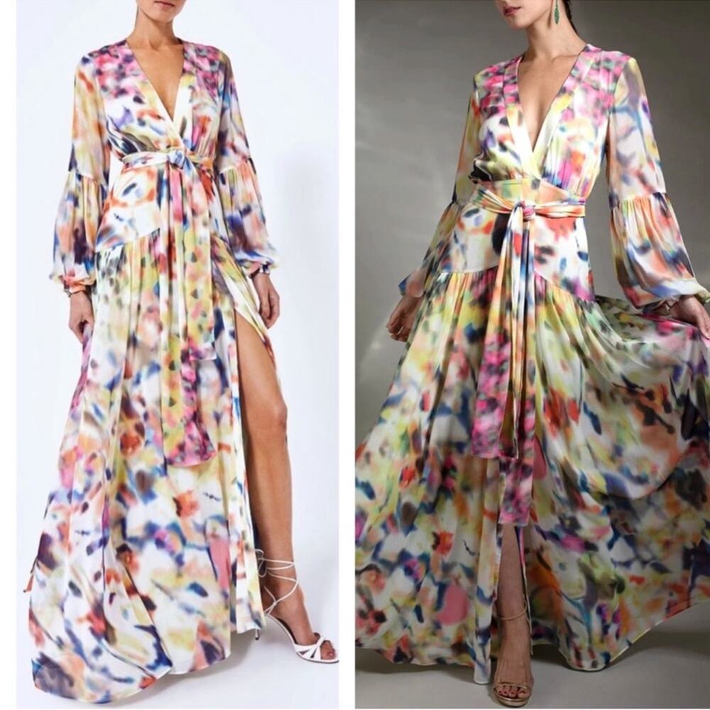 ALEXIS Becker Iridescent Long Sleeve Belted Plunging V Neckline Maxi Dress Sz XS